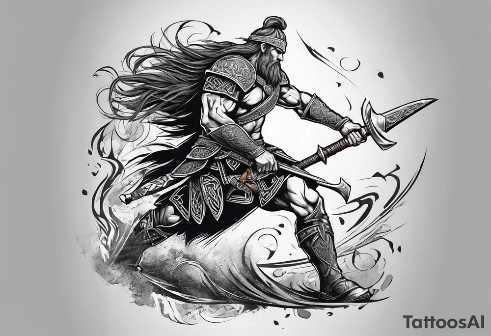Full body side profile of
Celtic warrior with an axe in one hand and a sword in the other walking into battle tattoo idea