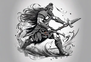 Full body side profile of
Celtic warrior with an axe in one hand and a sword in the other walking into battle tattoo idea