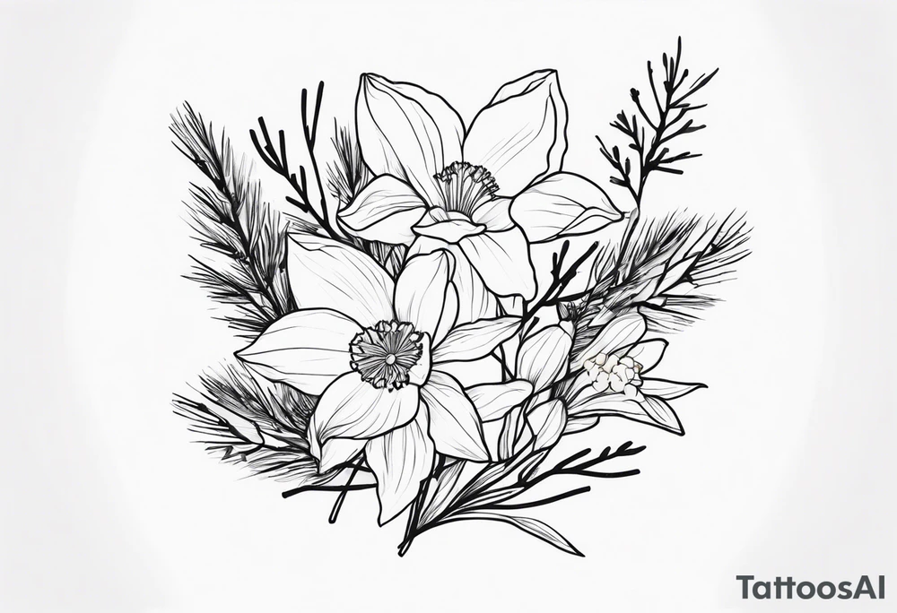 daffodil and aster flowers in a bouquet with pine branch and willow branch. minimalist, simple bouquet. small. tattoo idea