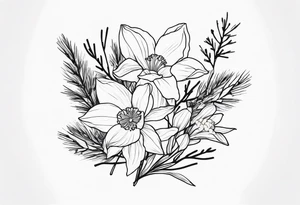 daffodil and aster flowers in a bouquet with pine branch and willow branch. minimalist, simple bouquet. small. tattoo idea