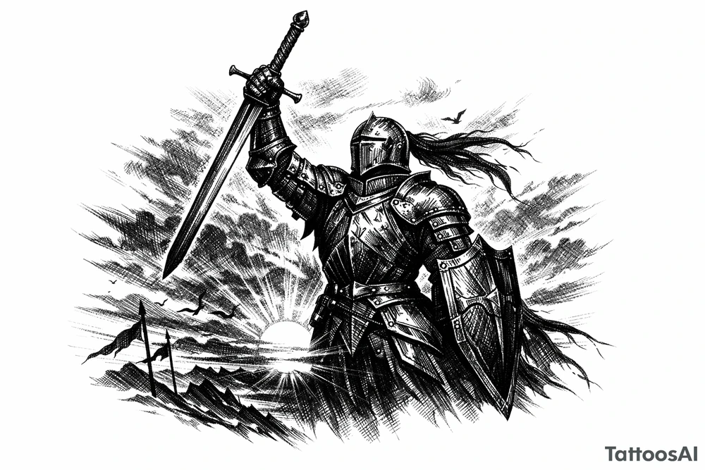 Knight in full ornate armor, sword held high, silhouetted against a dramatic sunset. tattoo idea