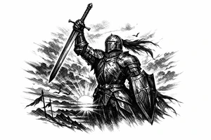 Knight in full ornate armor, sword held high, silhouetted against a dramatic sunset. tattoo idea