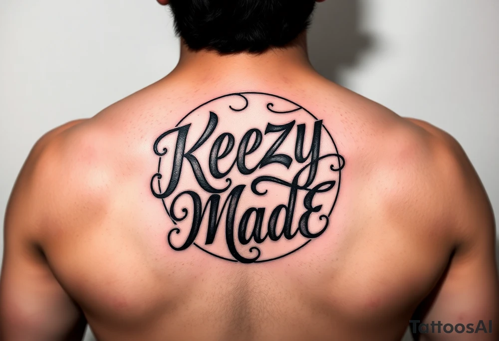 letters only fancy but rugged twisted and intertwined circular arched curvy lettering in a circular  that would be clothing brand style that says (KeezY MadE) tattoo idea