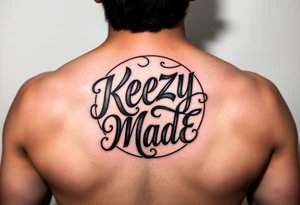 letters only fancy but rugged twisted and intertwined circular arched curvy lettering in a circular  that would be clothing brand style that says (KeezY MadE) tattoo idea