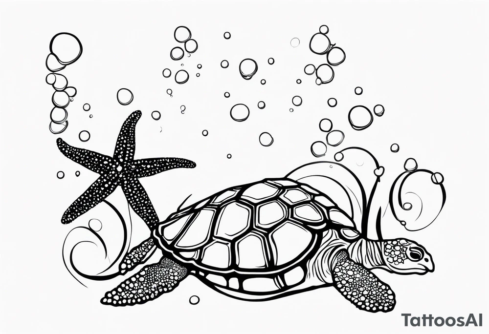 Small Starfish, Seahorse and turtle in a vertical line with bubbles tattoo idea Small Starfish, Seahorse and turtle in a vertical line with bubbles tattoo idea
