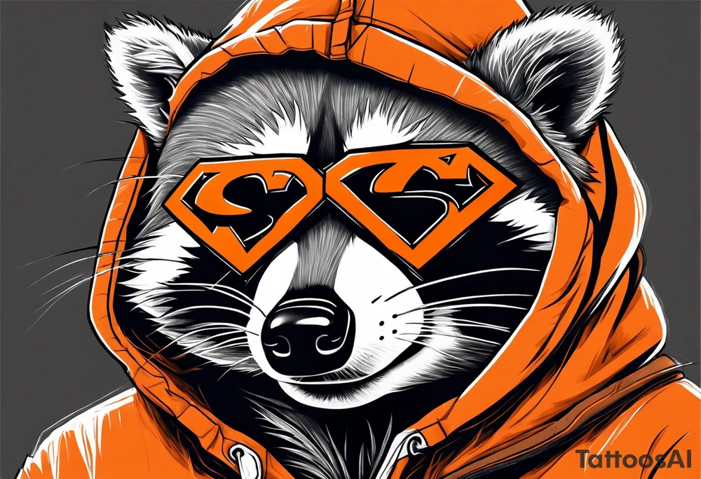 Raccoon wearing an orange Superman hoodie tattoo idea