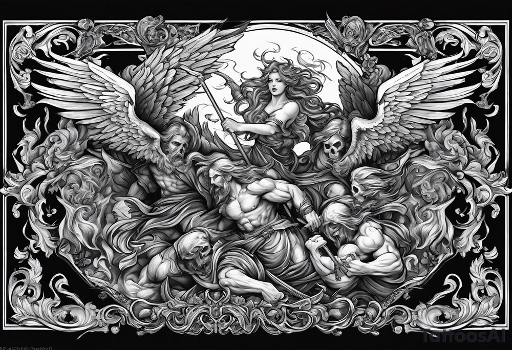 Angels fighting demons over fire with skuls in the background tattoo idea