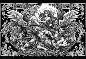 Angels fighting demons over fire with skuls in the background tattoo idea