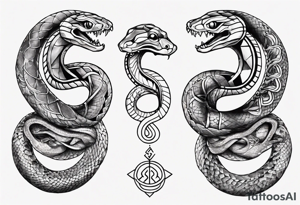 two snakes around a Buddhist amulet that represents strength, protection, and love tattoo idea