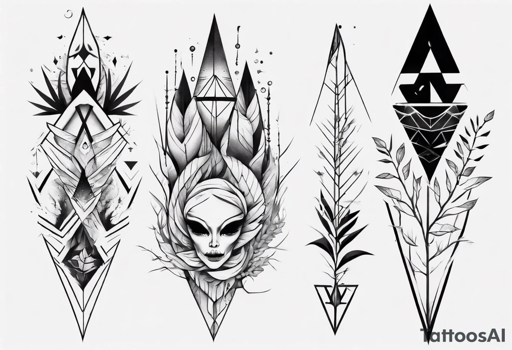 full arm tattoo. scary pointy leaves combined with geometric shapes. whole arm tattoo idea