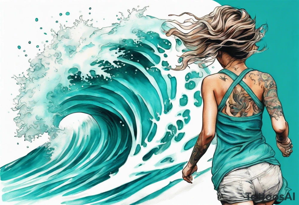 a turquoise water woman running through crashing waves tattoo idea