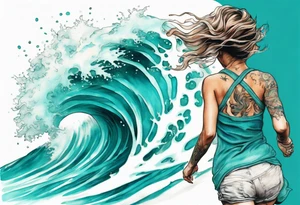a turquoise water woman running through crashing waves tattoo idea