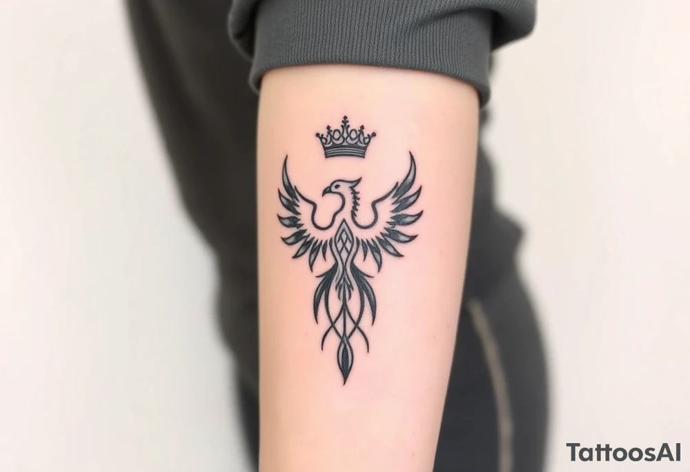 Minimal phoenix and crown fine lines tattoo idea
