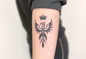 Minimal phoenix and crown fine lines tattoo idea