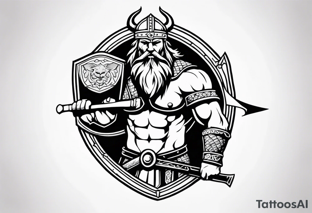 Create sleeve Tattoo of  a viking warrior with a shield and axe and on the shield have a old lion from a coat of arms tattoo idea