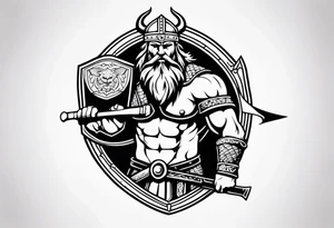 Create sleeve Tattoo of  a viking warrior with a shield and axe and on the shield have a old lion from a coat of arms tattoo idea