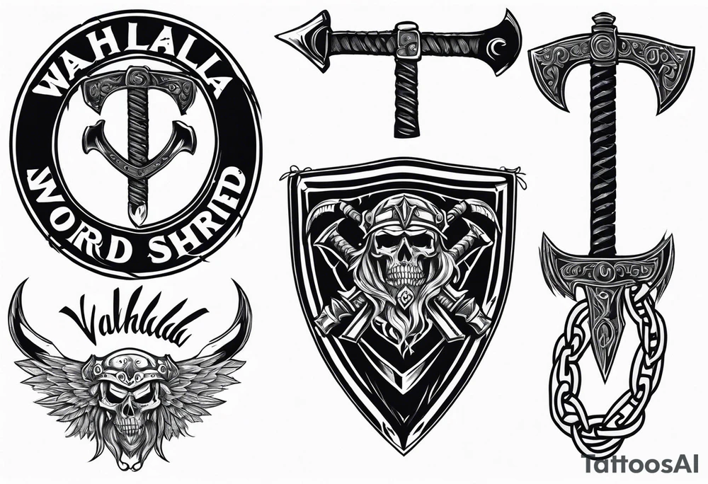 Valhalla sword shield axe barbed wire chains dark cloud tattoo idea