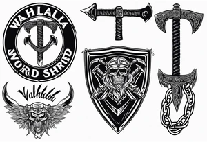 Valhalla sword shield axe barbed wire chains dark cloud tattoo idea