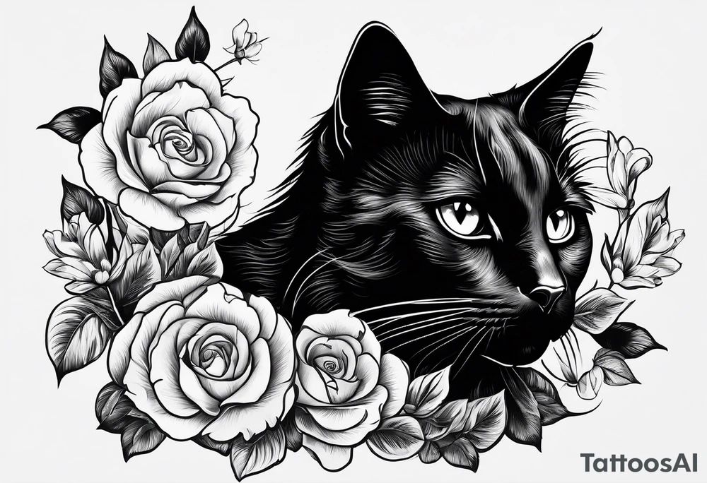 Photo realistic black cat head only facing forward add flowers around the cat tattoo idea
