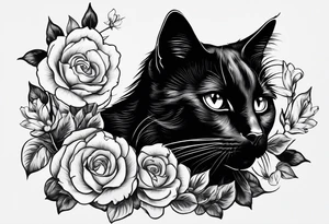 Photo realistic black cat head only facing forward add flowers around the cat tattoo idea