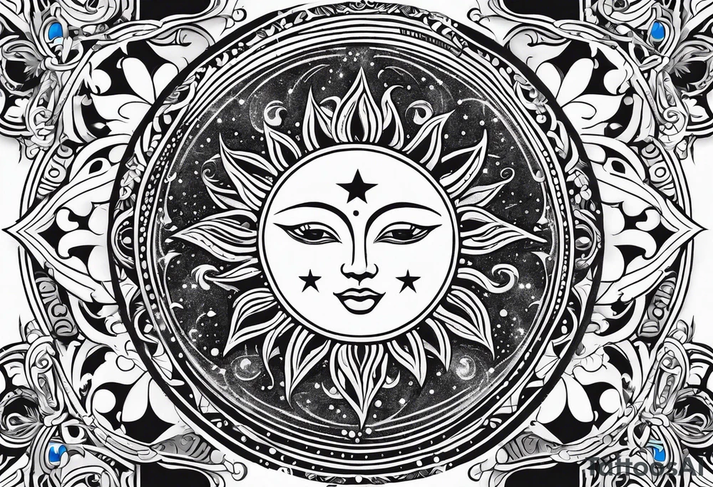Feminine Sun and moon. long rectangular sternum swirls with dots and stars tattoo idea