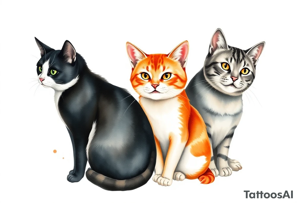 three cats, one black and white cat, one orange and white cat and one grey tabby cat tattoo idea