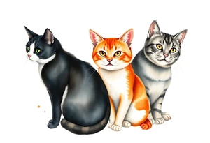 three cats, one black and white cat, one orange and white cat and one grey tabby cat tattoo idea