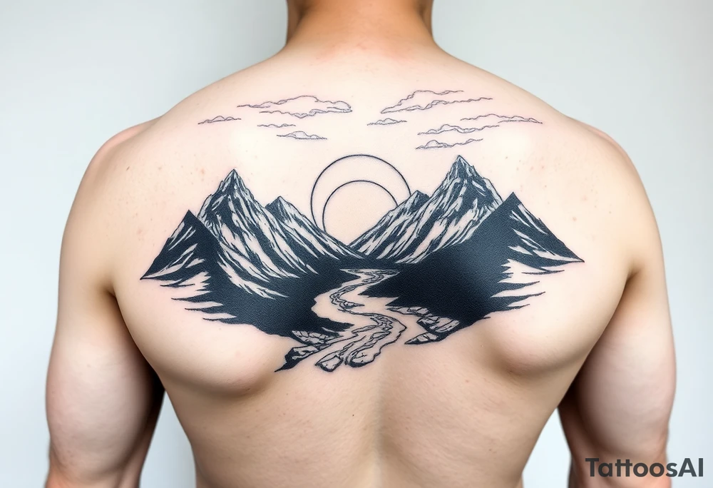 mountains with river and sunset upper arm tattoo tattoo idea mountains with river and sunset upper arm tattoo tattoo idea