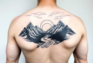 mountains with river and sunset upper arm tattoo tattoo idea