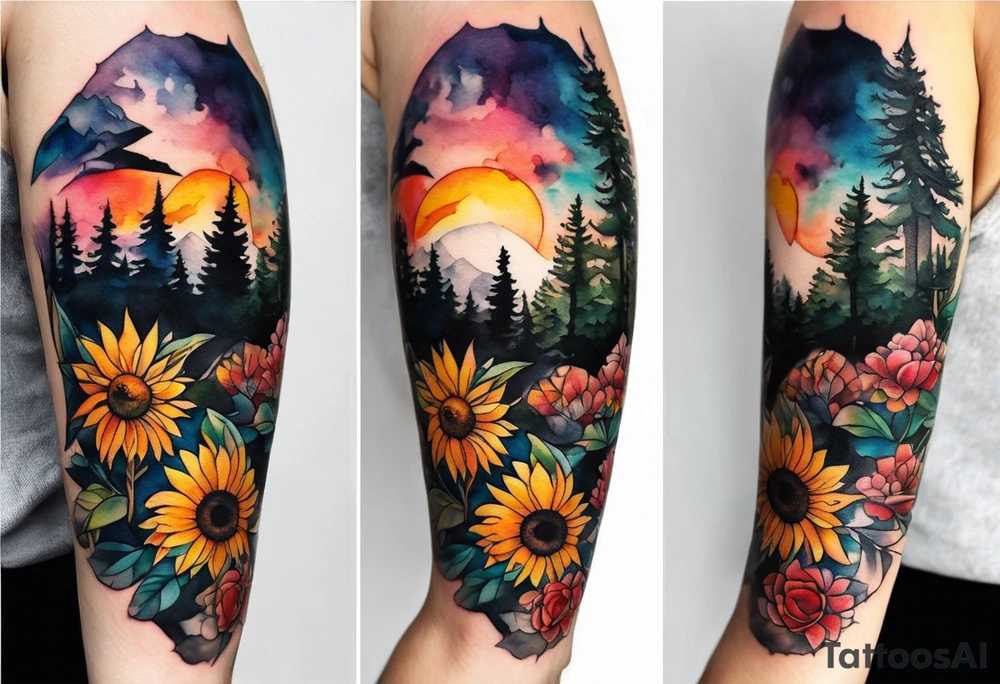 Small Watercolor inside arm tattoo, 4 inches. Black kite (Daya's name), nature (trees/flowers), rock/metal vibe (bold lines), sunflower. tattoo idea