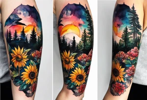 Small Watercolor inside arm tattoo, 4 inches. Black kite (Daya's name), nature (trees/flowers), rock/metal vibe (bold lines), sunflower. tattoo idea