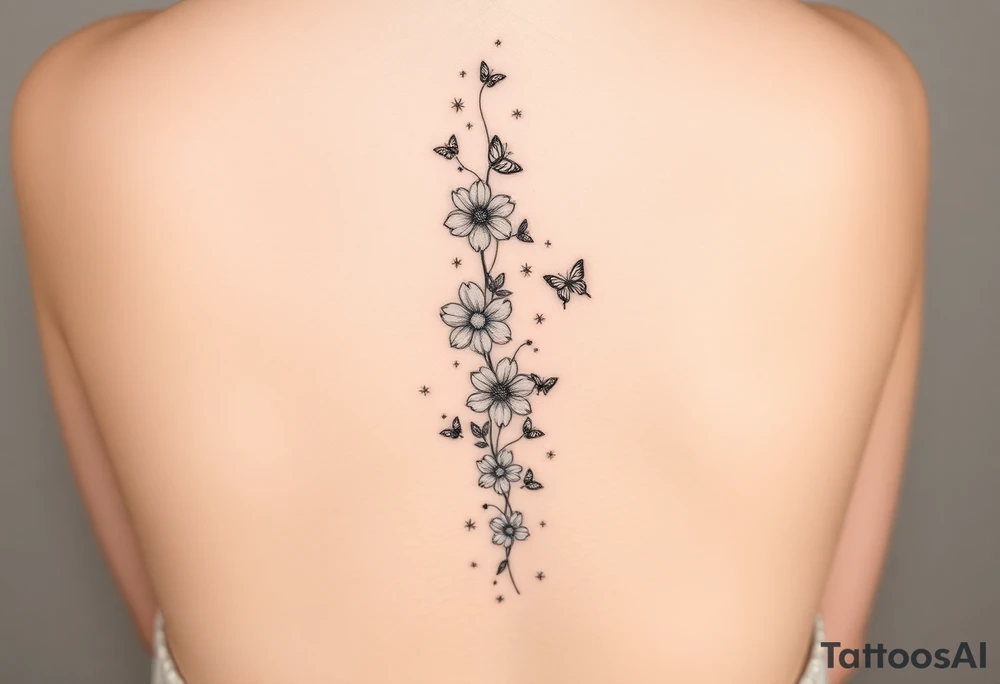 Flowers vertically down the spine surrounded by small butterflies and sparkles

Less flowers tattoo idea