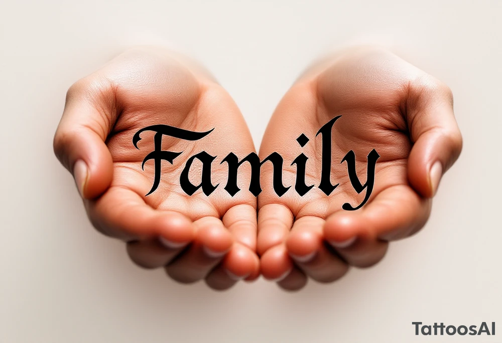The word family in elegant black ink, held by two open hands shaded in warm sepia tones. tattoo idea