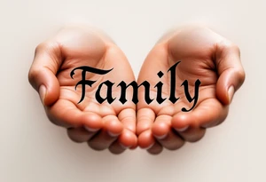 The word family in elegant black ink, held by two open hands shaded in warm sepia tones. tattoo idea