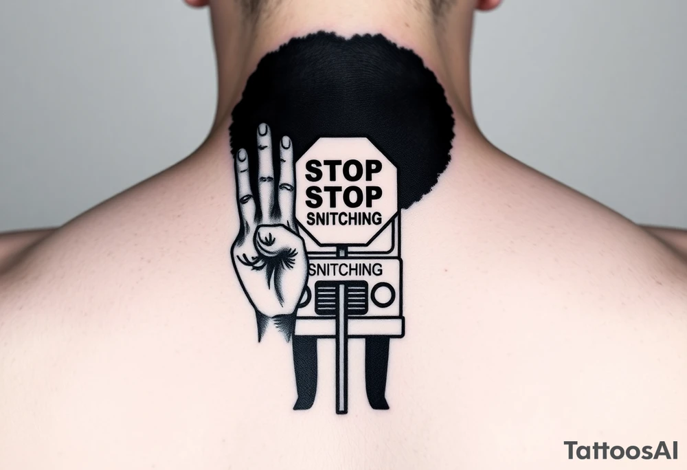 an african american with an afro with his hands standing in front of him with one hand vertically and one horrizonal in the shape of a T standing of a short bus with a stop sign that says STOP SNITCHING tattoo idea