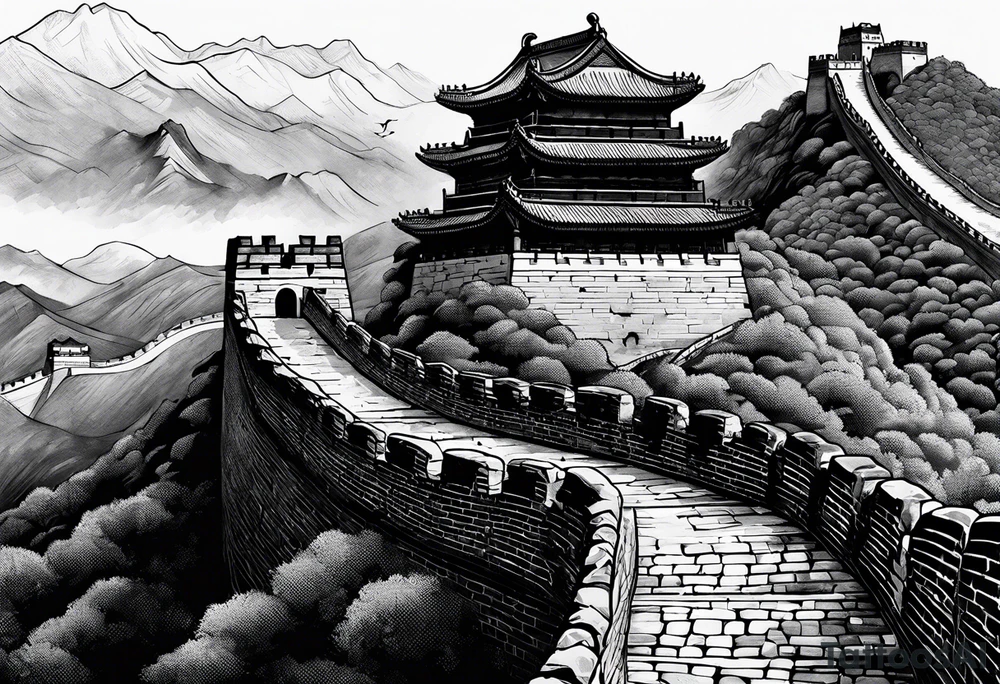 Great Chinese wall, realistic, art, gezeichnet, fine line, black and grey tattoo idea