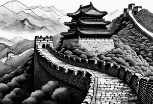 Great Chinese wall, realistic, art, gezeichnet, fine line, black and grey tattoo idea