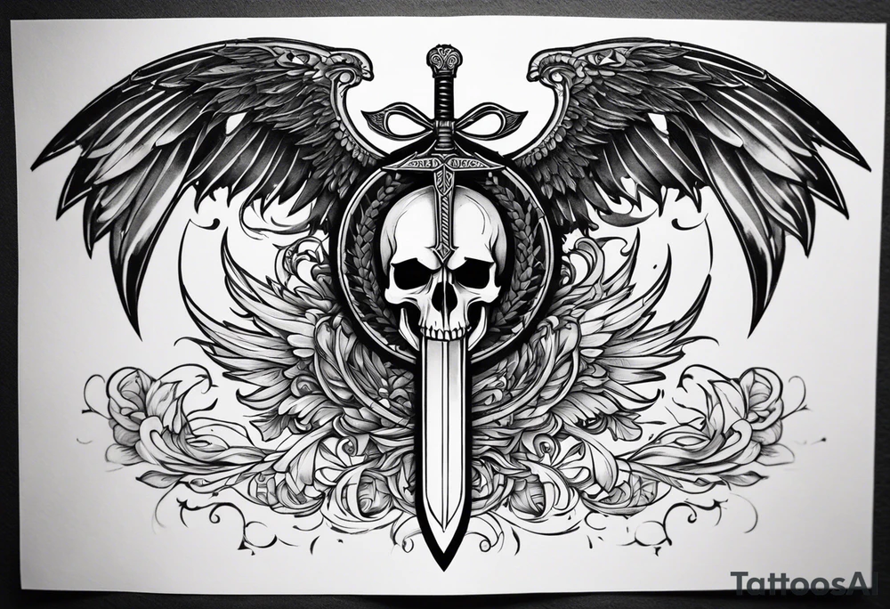 In the center is a half skull pierced by a large sword. On either side of the skull, there are spread angel wings, Beneath the skull is a ribbon with latvian symbols that weaves through both the skull and the sword tattoo idea