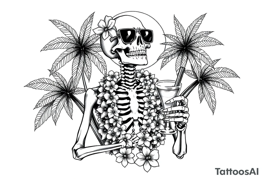 a skeleton in hawaii-outfit, palms, a cocktail,sun,sun-glasses. tattoo idea