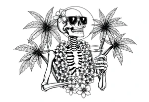a skeleton in hawaii-outfit, palms, a cocktail,sun,sun-glasses. tattoo idea