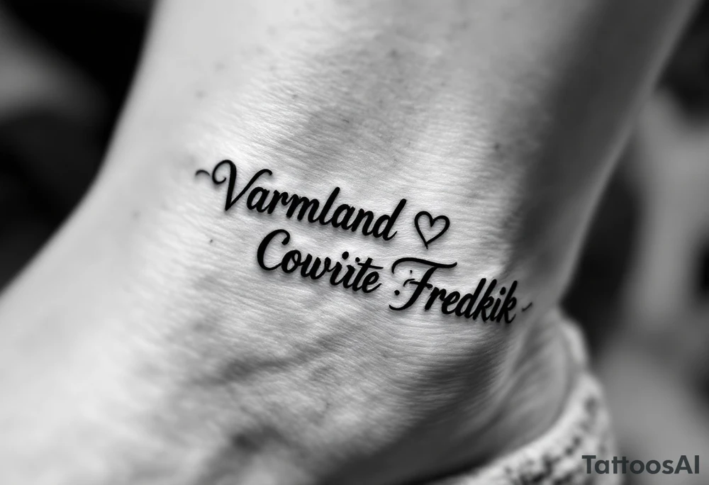 A combination of the words Värmland Cowrite Fredrik, enclosed by a heart tattoo idea