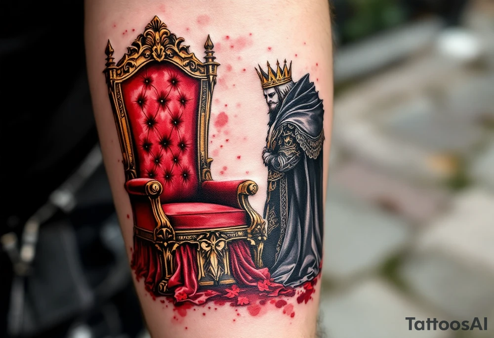 A red velvet throne for the queen and a black leather throne for the king, drawn in rich detail. tattoo idea