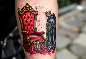 A red velvet throne for the queen and a black leather throne for the king, drawn in rich detail. tattoo idea