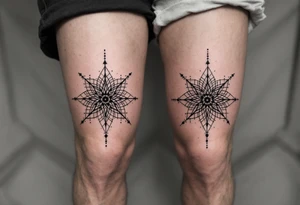 Dotwork mandala stars in black and gray, carefully centered on each kneecap, featuring intricate pointillist patterns and sacred geometry. tattoo idea