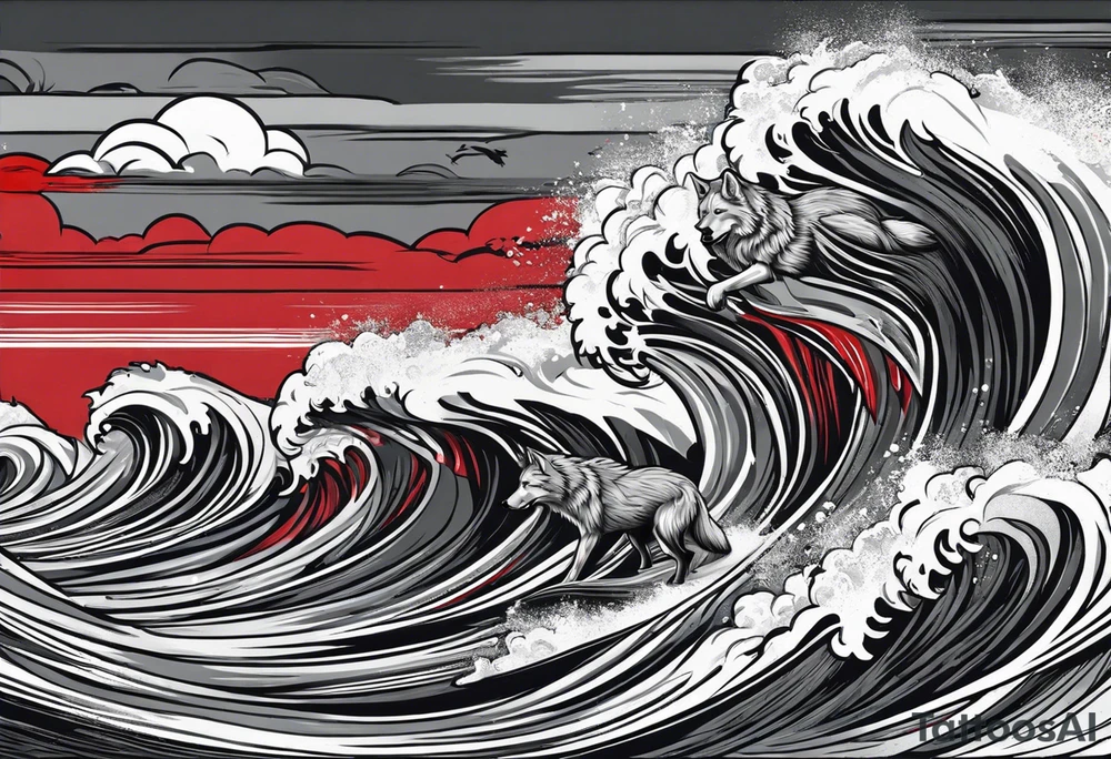 a pack of howling muscular  gray wolves surfing waves with a linear background with red, white and black and gray tattoo idea