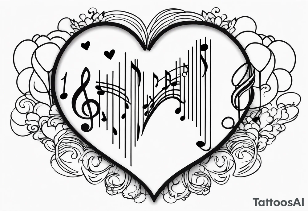 music notes and hearts with balloons and clouds tattoo idea