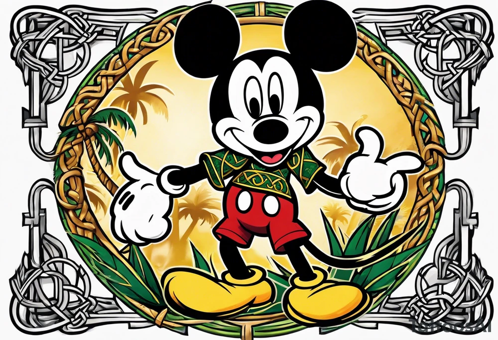 mickey mouse holding a kerambit knife in one hand and a rattan stick in the other hand with palm trees and the celtic symbol for family tattoo idea