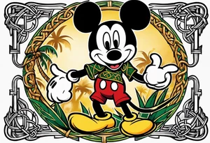 mickey mouse holding a kerambit knife in one hand and a rattan stick in the other hand with palm trees and the celtic symbol for family tattoo idea