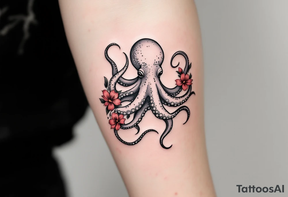 A small realistic black and grey tattoo of an octopus, cute, with detailed shading and soft linework, showing the octopus with swirling tentacles, on light skin. ornamental flowers around with red ink. The style is minimalistic and elegant, resembling fine-line tattoo with a shadow tattoo idea