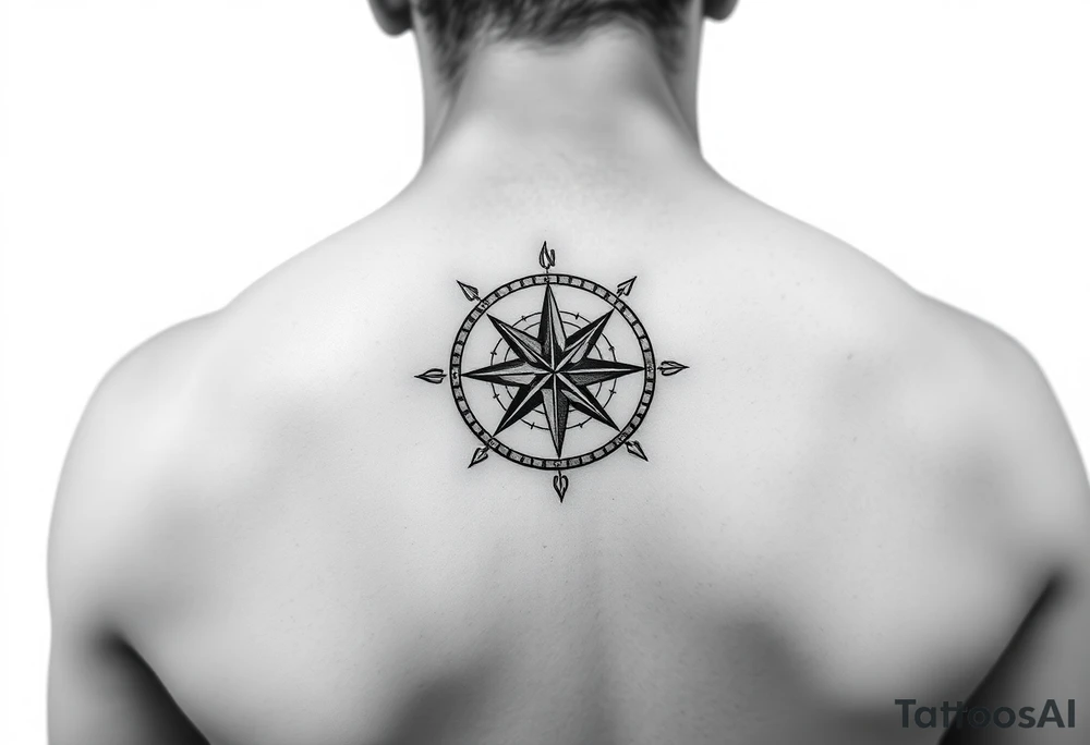 intricate compass on upper right back shoulder of a man. black and white. include cardinal directions and make more detailed. tattoo idea